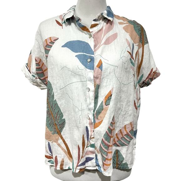 Cynthia Rowley Tropical Print 100% Linen Button Up Top Women’s Sz L - Picture 1 of 6